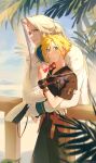  2boys alternate_costume alternate_hairstyle arms_around_waist black_pants black_sailor_collar blonde_hair blue_sailor_collar blue_sky blurry blush chest_strap cloud cloud_strife cloud_strife_(maritime_sailor) cloudy_sky commentary_request cup depth_of_field drink drinking_straw drinking_straw_in_mouth final_fantasy final_fantasy_vii final_fantasy_vii_ever_crisis gloves green_eyes grey_hair hair_intakes hat height_difference highres holding holding_cup holding_unworn_clothes holding_unworn_hat leaning_forward lily_(shio1006) long_bangs long_hair long_sleeves looking_to_the_side male_focus multiple_boys official_alternate_costume outdoors palm_leaf pants parted_bangs ponytail sailor sailor_collar sailor_hat sephiroth short_hair short_sleeves sky sleeve_cuffs smile spiked_hair sweat tropical twilight unworn_hat unworn_headwear upper_body white_gloves yaoi 
