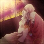  1boy 1girl blonde_hair boobplate brown_coat cape closed_eyes closed_mouth coat commentary_request cowboy_shot dated_commentary gold_trim hair_over_eyes head_hug high_priest_(ragnarok_online) hug indoors light_particles light_rays long_sleeves lord_knight_(ragnarok_online) multicolored_coat open_mouth pink_hair ragnarok_online red_cape red_coat sharari short_hair stained_glass sunbeam sunlight two-tone_coat white_coat window 