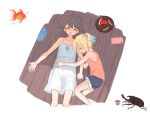  2girls aged_down alternate_costume arm_hug basil_(wgh0anzdple3asf) black_shorts blonde_hair blue_hair blush brown_hair collarbone colored_tips commentary_request cropped_legs dress fish food fruit fujishima_megumi fujishima_megumi_(young) handheld_game_console highres hot korean_commentary link!_like!_love_live! love_live! lying multicolored_hair multiple_girls nintendo_dsi nose_blush on_back on_floor on_side orange_shirt osawa_rurino osawa_rurino_(young) plate sauce_packet shirt short_dress short_hair short_shorts short_twintails shorts sleeveless sleeveless_dress sleeveless_shirt stag_beetle twintails two_side_up virtual_youtuber watermelon watermelon_slice white_dress wooden_floor 