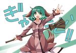  :d animal_ears arm_up bamboo_broom bangs blush_stickers broom brown_dress commentary_request cowboy_shot dog_ears dog_tail dress eyebrows_visible_through_hair fang green_eyes green_hair kasodani_kyouko long_sleeves looking_at_viewer open_mouth smile solo tail touhou umigarasu_(kitsune1963) 