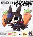  1girl animal_ears artist_name barbell black_eyes blue_flower blue_rose brown_hair carrot chibi clean_and_jerk commentary emphasis_lines english_commentary english_text exercising flipped_hair flower frown full_body hair_over_one_eye hat hat_flower highres horse_ears horse_girl horse_tail long_hair meme miyan_(oceanmaiden) my_body_is_a_machine_(meme) rice_shower_(umamusume) rose tail tilted_headwear umamusume weightlifting 