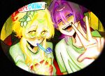  1boy 1girl alternate_costume arm_at_side arms_at_sides blonde_hair blunt_ends box bright_pupils casual collarbone contemporary dilated_pupils flower genshin_impact gift gift_box green_shirt green_sleeves hair_flower hair_intakes hair_ornament hand_up happy_birthday highres holding holding_gift long_sleeves looking_at_viewer lumine_(genshin_impact) ngocsaohoa open_mouth party_horn purple_eyes raised_eyebrows scaramouche_(genshin_impact) shirt short_hair short_hair_with_long_locks short_sleeves side-by-side sidelocks speech_bubble tareme teeth tongue tsurime w white_flower white_pupils wispy_bangs yellow_eyes 