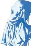  1girl blue_theme chinese_commentary closed_mouth commentary_request commission highres lanserongjie long_hair monochrome second-party_source sendai_hazuki short_sleeves shuuniichido_classmate_wo_kau_hanashi simple_background solo towel towel_on_head white_background 