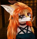 accessory alternative_fashion anthro biohazard_symbol biped black_lipstick blood bodily_fluids bruised bruised_eye bust_portrait canid canine carcass choker cigarette clothed clothing crop_top digital_media_(artwork) ear_piercing ear_ring eyebrow_piercing eyewear facial_piercing female fox glasses goth hair hair_accessory hairclip hazard_symbol hi_res jewelry lipstick looking_at_viewer makeup mammal narezka naria_(narezka) necklace piercing pivoted_ears ponytail portrait red_hair ring_piercing scar shirt solo symbol topwear tunnel_piercing