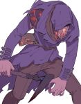  blood blood_on_weapon brown_pants dead_by_daylight extra_digits fingernails holding holding_weapon hood hood_up long_fingernails long_sleeves monster pants pouch rokkoron sharp_teeth teeth the_blight_(dead_by_daylight) weapon 