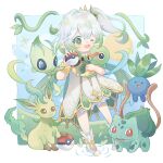  1girl arri_(arrihare) asymmetrical_sidelocks bloomers bracer bulbasaur cape caterpie celebi dress genshin_impact gold_bracer gradient_hair green_cape green_eyes hair_between_eyes hair_ornament highres holding holding_poke_ball holding_pokemon leaf_hair_ornament leafeon long_hair multicolored_hair nahida_(genshin_impact) oddish one_eye_closed open-toe_shoes pointy_ears poke_ball pokemon_(creature) ripples side_ponytail sleeveless stirrup_footwear symbol-shaped_pupils white_bloomers white_dress 