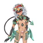  1girl absurdres ass_visible_through_thighs black_gloves blush breasts cameltoe corruption covered_nipples cowboy_shot dark-skinned_female dark_persona dark_skin demon_tail elbow_gloves g11_(girls&#039;_frontline) girls&#039;_frontline gloves grey_hair headband heart highres logia13laplace long_hair low_wings mask medium_hair navel one-piece_swimsuit open_mouth pubic_tattoo red_headband see-through_clothes shiny_clothes shiny_skin shrug_(clothing) simple_background skirt slave_gear slingshot_swimsuit small_breasts smile solo standing swimsuit tail tattoo thigh_strap transparent_background ts_magical_girl_nao variant_set wings 