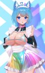  1girl absurdres ahoge alternate_costume animal_ear_piercing animal_ears bell belt bikini black_gloves blue_background blue_bikini blue_eyes blue_hair blush breasts buren closed_mouth covered_nipples cowboy_shot crotch_zipper dog_ears dog_girl earrings elbow_gloves enmaided gloves hair_ornament heart heart_earrings highres iridescent jewelry large_breasts looking_at_viewer maid maid_bikini maid_headdress medium_hair nanashi_inc. neck_bell pink_belt sash see-through_clothes see-through_skirt shadow single_earring skirt smile solo souya_ichika strap_pull swimsuit tongue tongue_out unconventional_maid virtual_youtuber white_background white_sash wolf_cut x_hair_ornament 