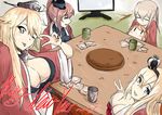  absurdres aquila_(kantai_collection) blonde_hair breasts cleavage closed_eyes commentary_request crown cup graf_zeppelin_(kantai_collection) grin happy_new_year headgear highres iowa_(kantai_collection) kantai_collection kotatsu large_breasts long_hair mini_crown multiple_girls new_year one_eye_closed open_mouth orange_hair robe saratoga_(kantai_collection) sidelocks smile solid_oval_eyes star star-shaped_pupils symbol-shaped_pupils table television tongue tongue_out twintails v warspite_(kantai_collection) zaimoku_(244138514) 