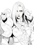 1girl armor baldur&#039;s_gate baldur&#039;s_gate_3 cracked_skin dame_aylin dungeons_&amp;_dragons greyscale highres long_hair looking_at_viewer monochrome side_part simple_background solo spot_color tweedledraws upper_body white_background 