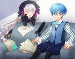  blue_eyes blue_hair bow bowtie braid closed_eyes fate/extra fate/extra_ccc fate/grand_order fate_(series) glasses hans_christian_andersen_(fate) long_hair naomi_(fantasia) nursery_rhyme_(fate/extra) open_mouth paper quiver sitting smile twin_braids vest white_hair 