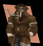 5_fingers absurd_res anatomically_correct anatomically_correct_genitalia anatomically_correct_penis animal_genitalia animal_penis anthro balls big_penis bodypaint brown_body brown_fur chest_tuft elephant_penis elephantid face_paint fingers flaccid fur genitals hi_res long_nose luceneko male mammal mammoth musclegut muscular nude open_hand penis prehistoric_species proboscidean pubes simple_background solo standing tribal tuft tusks