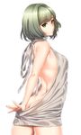  ass backless_dress backless_outfit bare_back bare_shoulders blue_eyes blush breasts butt_crack cowboy_shot dress green_eyes halterneck heterochromia highres idolmaster idolmaster_cinderella_girls infinote looking_at_viewer looking_back md5_mismatch medium_breasts meme_attire mole mole_under_eye naked_sweater no_bra no_panties ribbed_sweater short_hair simple_background smile solo sweater sweater_dress takagaki_kaede turtleneck turtleneck_sweater virgin_killer_sweater white_background 