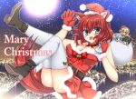  4girls :d alternate_costume amagiri_yune amairo_islenauts animal_ears bag bare_shoulders bell belt black_belt black_boots black_hair blonde_hair blue_eyes blue_hair blush boots bow bowtie breasts chibi chibi_inset christmas claw_pose cleavage commentary_request covered_nipples detached_collar dress dress_bow fang full_body fur-trimmed_dress fur-trimmed_gloves fur_trim fuyukichi_(nikoniko1567) gift_bag gloves hair_bell hair_ornament hair_ribbon hands_up happy hat highres holding holding_bag knees_together_feet_apart large_breasts masaki_gaillard merry_christmas midair multiple_girls night night_sky open_mouth outdoors ponytail red_bow red_bowtie red_dress red_gloves red_ribbon ribbon santa_costume santa_dress santa_hat shiraga_airi shirley_warwick short_dress sky smile solo_focus sparkle star_(sky) starry_sky tail thighhighs thighs twintails white_thighhighs wolf_ears wolf_girl wolf_tail 