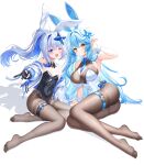 2girls ;d absurdres ahoge alternate_costume amane_kanata animal_ear_hairband animal_ears armpits bare_shoulders black_bow black_bowtie black_gloves black_leotard black_pantyhose blue_hair blue_nails bodystocking bow bowtie breasts cleavage clothing_cutout colored_inner_hair commentary_request covered_navel detached_collar elf fake_animal_ears frilled_leotard frills full_body gloves grey_hair gyaru_v hairband halo heart heart_ahoge heart_cutout highleg highleg_leotard highres hololive jacket large_breasts leotard long_hair looking_at_viewer misoile multicolored_hair multiple_girls nail_polish no_shoes off_shoulder one_eye_closed open_clothes open_jacket outstretched_arm pantyhose partially_fingerless_gloves pink_hair playboy_bunny pointy_ears ponytail purple_eyes rabbit_ear_hairband rabbit_ears simple_background single_hair_intake sitting small_breasts smile star_halo strapless strapless_leotard streaked_hair thigh_strap thighband_pantyhose two-tone_hair v virtual_youtuber white_background white_jacket white_leotard white_wrist_cuffs wrist_cuffs yellow_eyes yukihana_lamy 