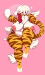  &lt;3 2017 3_toes anthro areola big_breasts breasts buxbi_(character) claws feline female fur hair half-closed_eyes hand_behind_head hi_res looking_at_viewer mammal nipple_piercing nipples orange_eyes orange_fur piercing pink_background pink_nose simple_background slightly_chubby smile solo sssonic2 stripes thick_thighs tiger toes white_hair 