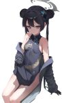  1girl absurdres bare_shoulders black_coat black_dress black_gloves black_hair blue_archive breasts butterfly_hair_ornament china_dress chinese_clothes coat commentary_request covered_navel cowboy_shot double_bun dragon_print dress gloves green_eyes grey_halo hair_bun hair_ornament halo highres invisible_chair kisaki_(blue_archive) light_smile looking_at_viewer print_dress shiraiyu sideboob sitting skirt_hold sleeveless sleeveless_dress small_breasts solo striped_coat 