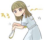  1girl blue_dress blush braid brown_hair center-flap_bangs closed_mouth commentary cowboy_shot dress frown hasu_no_sora_school_uniform holding holding_shoes holding_unworn_clothes kachimachi_kosuzu link!_like!_love_live! looking_at_viewer love_live! massigura motion_lines multicolored_eyes neckerchief pink_eyes pleated_dress puffy_short_sleeves puffy_sleeves sailor_collar sailor_dress school_uniform shoes short_sleeves side_ahoge side_braids simple_background solo summer_uniform sweatdrop translation_request two-tone_eyes unworn_shoes uwabaki v-shaped_eyebrows virtual_youtuber white_background white_sailor_collar yellow_eyes yellow_neckerchief yellow_shoes 