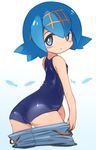  10s 1girl ass bangs bare_shoulders blue_eyes blue_hair blunt_bangs blush child female flat_chest hairband karukan_(monjya) looking_at_viewer looking_back nintendo npc npc_trainer one-piece_swimsuit pants pants_pull pokemon pokemon_(anime) pokemon_(game) pokemon_sm pokemon_sm_(anime) simple_background solo standing suiren_(pokemon) swimsuit trial_captain white_background 
