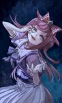  1girl agnes_digital_(umamusume) animal_ears blue_eyes bow bowtie crazy_eyes hair_bow hand_on_own_face highres horse_ears horse_girl inishie_kumo long_hair open_mouth pink_hair pleated_skirt purple_bow purple_bowtie purple_shirt sailor_collar school_uniform shirt short_sleeves skirt solo tracen_school_uniform two_side_up umamusume uneven_eyes white_sailor_collar white_skirt 