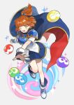  1girl ^_^ arle_nadja armor blue_boots blue_cape blue_eyes blue_gloves blue_skirt boots bridal_gauntlets brown_hair cape chest_guard closed_eyes commentary corset full_body gloves green_eyes grey_background lirio_(nikori9) looking_at_viewer one_eye_closed open_mouth pauldrons ponytail purple_eyes puyo_(puyopuyo) puyopuyo puyopuyo~n red_cape red_eyes short_ponytail short_sleeves shoulder_armor simple_background skirt slime_(creature) smile sparkle standing standing_on_one_leg two-sided_cape two-sided_fabric white_corset yellow_eyes 