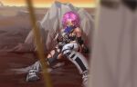  1girl 2_sensei armor bandana bleeding blood blue_bandana blurry blurry_foreground day defeat injury mina_(pixiv_fantasia_last_saga) open_mouth outdoors pink_hair pixiv_fantasia pixiv_fantasia_last_saga rock short_hair solo torn_clothes unconscious 
