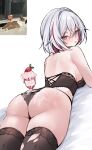  1girl absurdres ass ass_focus back bare_shoulders black_thighhighs blue_eyes commentary cup english_commentary food fruit grey_hair highres honkai:_star_rail honkai_(series) ice_cream_cup lace-trimmed_thighhighs lace_trim light_blush lingerie looking_at_viewer lying miclipse multicolored_hair on_stomach photo_inset reference_inset revision short_hair simple_background slap_mark solo spanked strawberry thighhighs thighs topaz_(honkai:_star_rail) underwear underwear_only white_background 