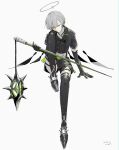  1boy absurdres arene_(arknights) arknights arm_support artist_name black_gloves black_jacket black_shoes black_thighhighs buttons commentary dated double-breasted elbow_gloves energy_wings english_commentary flail full_body garter_straps gloves grey_hair grey_halo halo highres holding holding_flail holding_weapon invisible_chair jacket knee_up looking_to_the_side male_focus pppmepl shoes short_hair short_sleeves simple_background sitting solo spiked_shoes spikes thigh_strap thighhighs traditional_halo very_short_hair weapon white_background 