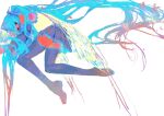  1girl absurdly_long_hair aqua_hair black_eyes boots chinese_commentary colored_skin commentary_request covering_own_mouth detached_sleeves flower full_body gradient_hair hair_flower hair_ornament hair_spread_out hatsune_miku highres huaji_niang insect_wings long_hair looking_at_viewer lying multicolored_hair number_tattoo on_side orange_flower orange_hair orange_skin purple_boots purple_skirt shinu_semi_wa_kangaeru._(vocaloid) shirt shoulder_tattoo simple_background skirt sleeveless sleeveless_shirt solo tattoo thigh_boots very_long_hair vocaloid white_background wings yellow_shirt 
