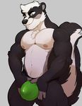  2016 anthro biceps big_tail biped black_claws black_fur black_nose black_tail bulge chest_tuft claws clawz_skunk clothed clothing digital_media_(artwork) eyebrows fingerless_(marking) front_view fur green_bottomwear green_clothing green_eyes green_underwear grey_background grey_fur hair hi_res knuxlight long_tail looking_at_viewer male mammal multicolored_fur multicolored_tail muscular muscular_male nipples pecs pink_nipples pinup portrait pose simple_background skunk smile snout solo standing thong three-quarter_portrait topless tuft two_tone_tail white_fur white_hair white_tail 
