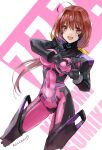  1girl :d ahoge armored_bodysuit blush bodysuit bow breasts character_name covered_navel fortified_suit hair_bow hair_intakes heart heart_hands highres impossible_bodysuit impossible_clothes jun_(rellik_&amp;_redrum) kagami_sumika long_hair looking_at_viewer low_ponytail mecha_pilot_suit medium_breasts muv-luv muv-luv_alternative open_mouth pink_bodysuit ponytail red_eyes red_hair ribbon signature skin_tight smile solo very_long_hair yellow_bow 
