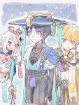  1girl 2boys :d aether_(genshin_impact) ahoge aqua_gemstone armor arms_at_sides belt black_belt black_bodysuit black_bow black_bridal_gauntlets black_gauntlets black_hair black_pants black_scarf black_shirt black_shorts blonde_hair blue_cape blue_hat blue_sleeves blunt_ends blush bodysuit bow bridal_gauntlets bright_pupils cape closed_mouth covered_collarbone cropped_shirt diamond_hair_ornament drooling eyeliner eyeshadow feathers furisode gem genshin_impact gnsn_tera gold gold_belt gold_ring gold_trim hair_between_eyes hakama hakama_shorts halo hat highres hip_vent japanese_armor japanese_clothes jingasa kimono kote kurokote layered_sleeves long_sleeves looking_at_object looking_to_the_side makeup mandarin_collar mechanical_halo middle_ring midriff mouth_drool multiple_boys navel paimon_(genshin_impact) pants pink_halo pleated_shorts pom_pom_(clothes) purple_eyes purple_rope purple_sash red_eyeliner red_eyeshadow romper rope sash scaramouche_(genshin_impact) scarf shirt short_hair short_hair_with_long_locks short_sleeves shorts sidelocks simple_background single_thighhigh sky smile star_(sky) starry_sky tanabata tanzaku tassel thighhighs tongue tongue_out tsurime twitter_username tying unamused vision_(genshin_impact) wanderer_(genshin_impact) white_hair white_pupils white_romper white_scarf white_sleeves white_thighhighs wispy_bangs yellow_eyes yellow_feathers 