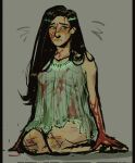  1girl black_hair blood blood_from_forehead blood_on_arm blood_on_clothes blood_on_face blood_on_hands blood_on_leg crying crying_with_eyes_open dress full_body grey_background highres lace-trimmed_dress lace_trim letterboxed long_hair nekromaxxing nipples no_pants original ribs see-through_clothes see-through_dress seiza short_dress sitting solo stomach tears 