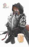  1girl arknights beer_mug black_gloves black_jacket brown_eyes brown_hair commentary copyright_notice covered_mouth crownslayer_(arknights) cup full_body gloves grey_background hair_between_eyes highres hood hood_up hooded_jacket hugging_own_legs inset jacket knees_to_chest mask mouth_mask mug ninja_mask official_art_inset ronsudsud short_hair simple_background sitting sketch solo symbol-only_commentary tearing_up 