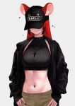  1girl alternate_costume animal_ears baseball_cap black_hair black_hat black_jacket black_nails black_sweater breasts commentary covered_eyes cross cross_necklace english_commentary grey_background hakos_baelz hands_on_own_hips hat hat_over_eyes highres hololive hololive_english jacket jewelry large_breasts mouse_ears mouse_girl multicolored_hair nail_polish navel necklace red_hair simple_background sleeveless sleeveless_sweater sleeveless_turtleneck sleeveless_turtleneck_sweater smile solo streaked_hair sweater tongue tongue_out turtleneck turtleneck_sweater unmeidesu virtual_youtuber 