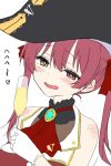  1girl alcohol arrow_(projectile) arrow_through_heart bare_shoulders bicorne black_hat blush brown_leotard champagne champagne_flute commentary_request cup drinking_glass gloves hair_between_eyes hair_ribbon half-closed_eyes hat heart highres holding holding_cup hololive houshou_marine houshou_marine_(1st_costume) jacket kiritoma leotard leotard_under_clothes open_mouth red_eyes red_hair red_jacket red_ribbon ribbon simple_background sleeveless sleeveless_jacket smile solo translation_request twintails upper_body virtual_youtuber white_background white_gloves yellow_eyes 