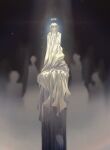  1boy absurdres arms_at_sides black_hair blurry blurry_background closed_eyes closed_mouth commentary constantine_xi_(fate) facing_viewer fate/grand_order fate_(series) glowing hair_between_eyes halo highres hood hood_down hooded_robe jing84672940 light_particles light_smile long_hair male_focus people pillar robe silhouette solo_focus spotlight standing straight-on symbol-only_commentary traditional_halo white_robe 