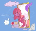 1000-nen_ikiteru_(vocaloid) 1girl blue_background breasts choker colored_skin dress elbow_gloves fish floating_hair flying_fish gloves glowing glowing_eyes iki_(iyowa) iyowa_girls leaning_forward long_hair looking_at_viewer looking_to_the_side parted_lips pink_choker pink_dress pink_eyes pink_hair princess purple_skin ri_pi_o simple_background small_breasts solo song_name tentacles through_medium through_painting tiara traffic_light white_gloves 
