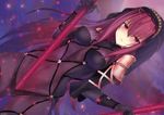  blush bodysuit breasts dual_wielding fate/grand_order fate_(series) gae_bolg holding holding_weapon kesoshirou large_breasts long_hair looking_at_viewer purple_eyes purple_hair scathach_(fate)_(all) scathach_(fate/grand_order) solo veil weapon 