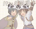  &gt;_&lt; :d alchemist_(ragnarok_online) arms_up belt blacksmith_(ragnarok_online) blue_cape blue_pants brown_belt brown_cape brown_coat brown_gloves brown_hair cape closed_eyes coat commentary_request cowboy_shot fingerless_gloves gloves green_hair long_sleeves male_focus open_mouth panda_hat pants polka_dot polka_dot_background ragnarok_online sharari short_hair short_sleeves smile translation_request two-sided_cape two-sided_fabric unbuttoned unbuttoned_shirt xd 
