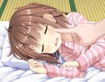  blush brown_hair cheek_poking closed_eyes commentary_request drooling fang futon ikazuchi_(kantai_collection) jewelry kantai_collection long_sleeves lying on_side open_mouth out_of_frame pajamas pillow poking pov pov_hands ring saliva short_hair sleeping smile solo_focus striped striped_pajamas tatami tsunsuki_(naobe009) wedding_band 