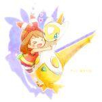  &gt;_&lt; 1girl alternate_color blush brown_hair chibi closed_eyes commentary_request drop_shadow fanny_pack full_body green_eyes hairband heart hug latias may_(pokemon) medium_hair one_eye_closed open_mouth outline pokemon pokemon_(creature) pokemon_oras red_hairband red_shirt samsung_(yuzuikka) shiny_pokemon shirt shoes shorts simple_background sleeveless sleeveless_shirt translation_request white_background white_outline white_shorts yellow_bag yellow_shoes 