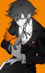  1boy 2ect0r aiming amada_ken armband belt belt_buckle black_ribbon buckle closed_mouth collared_shirt commentary_request cowboy_shot emblem expressionless gun hair_behind_ear hair_between_eyes highres holding holding_gun holding_weapon jacket lapels long_sleeves male_focus neck_ribbon notched_lapels orange_armband orange_background orange_eyes persona persona_3 persona_4:_the_ultimate_in_mayonaka_arena persona_4:_the_ultimax_ultra_suplex_hold ribbon school_uniform shirt simple_background solo suit_jacket weapon white_shirt wing_collar 