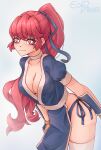  1girl arm_armor artist_name ass bikini blue_background breasts choker cleavage commentary cosplay dead_or_alive eondriver high_ponytail highres kasumi_(doa) kasumi_(doa)_(cosplay) large_breasts light_smile looking_at_viewer ninja panties pelvic_curtain persona persona_5 persona_5_the_royal ponytail red_eyes red_hair side-tie_bikini_bottom side-tie_panties simple_background smile solo swimsuit thighhighs underwear upper_body white_choker yoshizawa_kasumi 