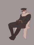  1boy axis_powers_hetalia bazubi belt black_hat black_jacket black_pants blonde_hair boots brown_belt brown_boots brown_gloves buttons closed_mouth commentary full_body gloves grey_background hat hat_ornament highres jacket long_sleeves looking_to_the_side male_focus military_hat military_jacket military_uniform pants red_eyes russia_(hetalia) scarf short_hair simple_background sitting solo star_(symbol) star_hat_ornament white_scarf 