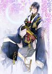  black_gloves blue_eyes blue_hair crescent_moon cup flower gloves hakama japanese_clothes lilac male_focus mikazuki_munechika moon nechi774 open_mouth sakazuki sandals sayagata smile solo tabi touken_ranbu 