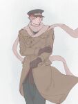  1boy absurdres axis_powers_hetalia bandaged_neck bandages bazubi black_gloves breast_pocket brown_coat buttons clenched_hand closed_mouth coat commentary_request cowboy_shot floating_clothes gloves green_hat green_jacket green_pants grey_hair hat hat_ornament highres holding_own_arm jacket lapels long_sleeves looking_to_the_side male_focus military_hat military_jacket military_uniform pants pocket red_eyes russia_(hetalia) scarf short_hair simple_background solo standing star_(symbol) star_hat_ornament white_background white_scarf 