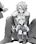  2boys :o aged_down animal_ears belt between_legs blue_eyes boots bright_pupils cat_ears child cloud_strife collarbone commentary_request cropped_jacket expressionless final_fantasy final_fantasy_vii final_fantasy_vii_remake final_fantasy_viii full_body fur-trimmed_jacket fur_trim greyscale hand_on_another&#039;s_leg highres jacket kemonomimi_mode knees_up layered_sleeves lily_(shio1006) long_sleeves looking_down looking_up male_focus monochrome multiple_boys open_clothes open_jacket open_mouth pants scar scar_on_face shirt shoes short_hair shorts sitting spiked_hair spot_color spread_legs squall_leonhart t-shirt thigh_belt thigh_strap time_paradox white_background 