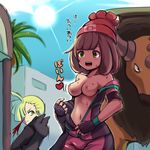  1boy 1girl beanie blonde_hair breasts brown_hair day earrings female_protagonist_(pokemon_sm) gladio_(pokemon) green_eyes hat heart hoodie navel nipples nosebleed open_mouth pokemon pokemon_(game) pokemon_sm short_hair sun sweat tauros text undressing 