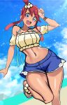  1girl :d absurdres beach blue_eyes blue_shorts blue_sky crop_top highres leg_up navel official_alternate_costume open_mouth pokemon pokemon_masters_ex red_hair short_hair_with_long_locks short_shorts shorts sidelocks sky skyla_(pokemon) skyla_(summer_2025)_(pokemon) smile solo teeth upper_teeth_only yasu_suupatenin 